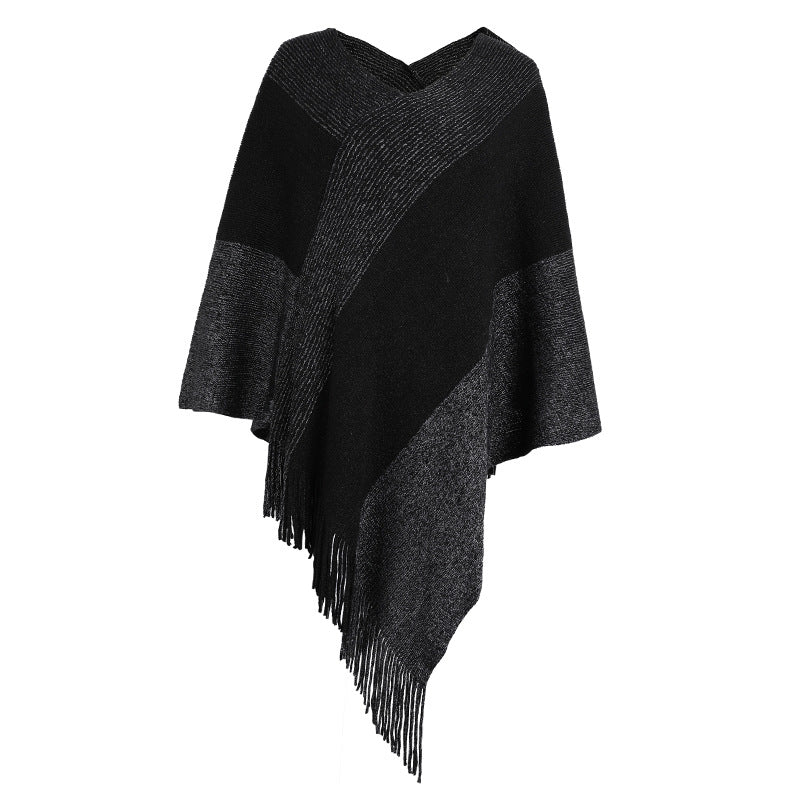 Contrasting Color Cloak Shawl Sweater Coat