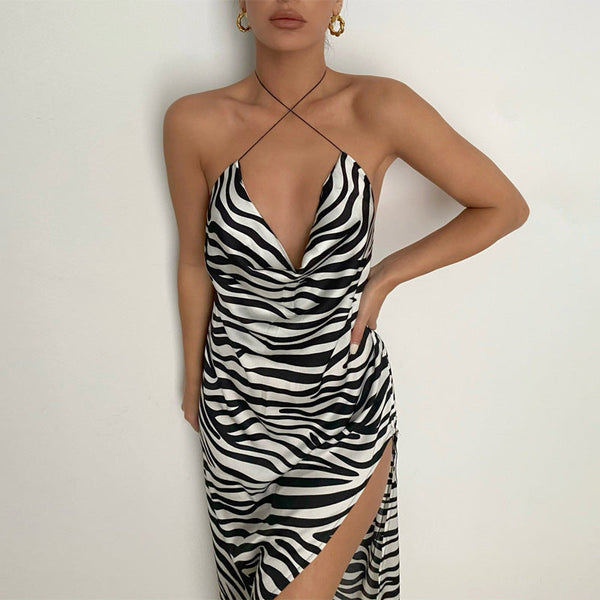 Zebra Pattern Sexy Split Halter Dress