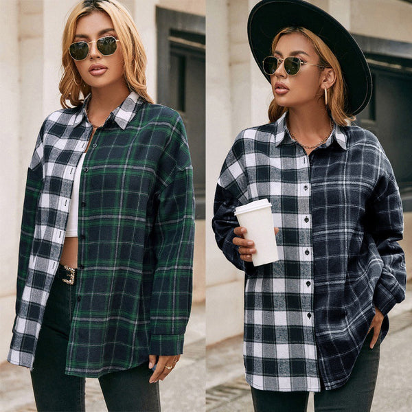 Loose Casual Lapel Long-sleeved Single-breasted Check Shirt