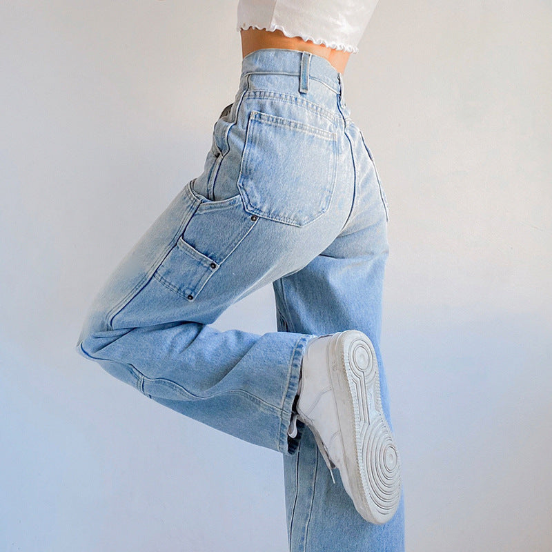Blue Mom Jeans 90s Casual Loose Wide Leg Cargo Pants