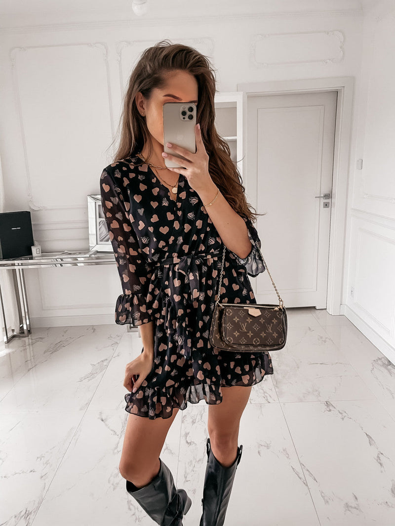 Printed Love V-neck Sexy Ruffled Dress
