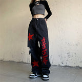 Vintage Stars Print Ripped Straight Wide Leg Jeans