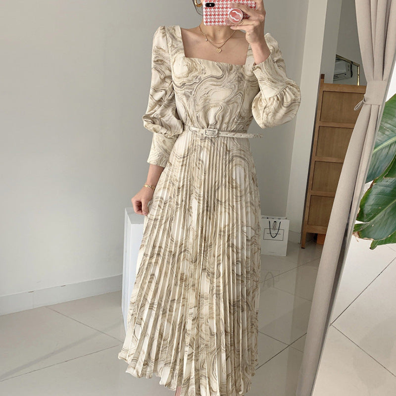 Women's Printed Waist Long Pleated Dress