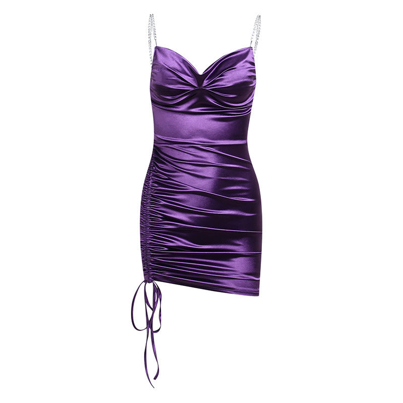 Pleated Neck Side Drawstring Temperament Slim Dress