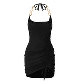 Hanging Metal Ring Drawstring Halterneck Dress