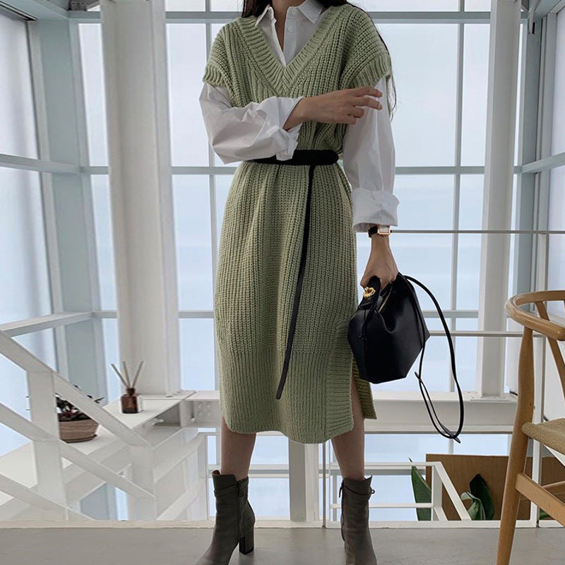 Long Seeve Shirt Split Knit Vest Dress Suit