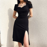 Square Neck Pleated Waist Slim Dress