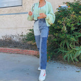 Asymmetric Stitching Contrast Color High-waist Jeans
