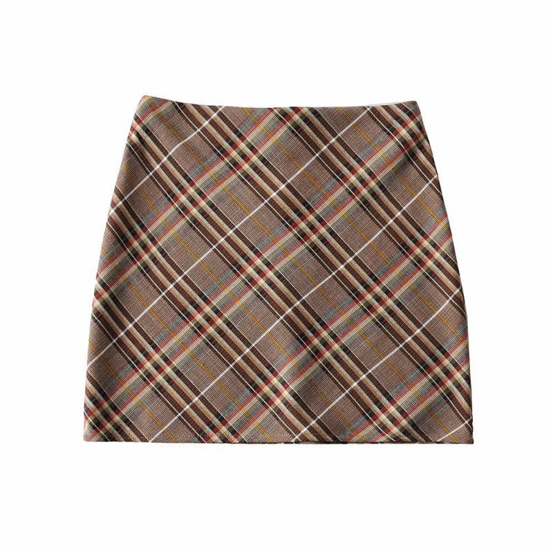 Brown Coffee Tartan Print Mini Skirt
