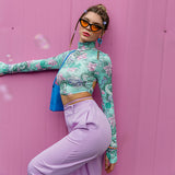 Printed Tight-Fitting High-Neck Short Top