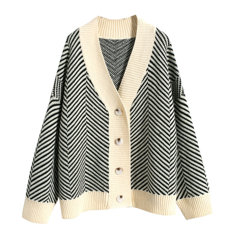 V Neck Diamond Striped Style Cardigan