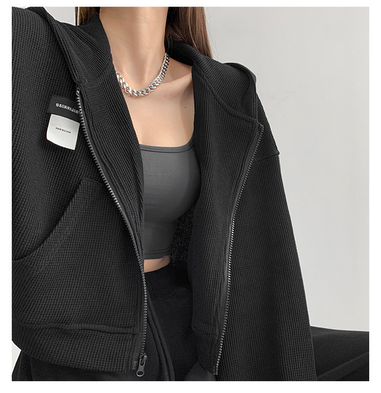 Long Sleeve Waffle Loose Hooded Sweatshirt