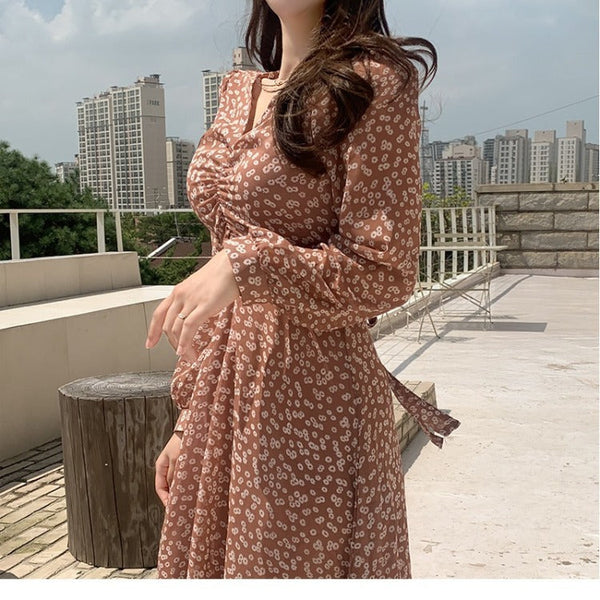 Retro Tea Break Green Floral Chiffon Dress