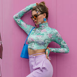 Printed Tight-Fitting High-Neck Short Top