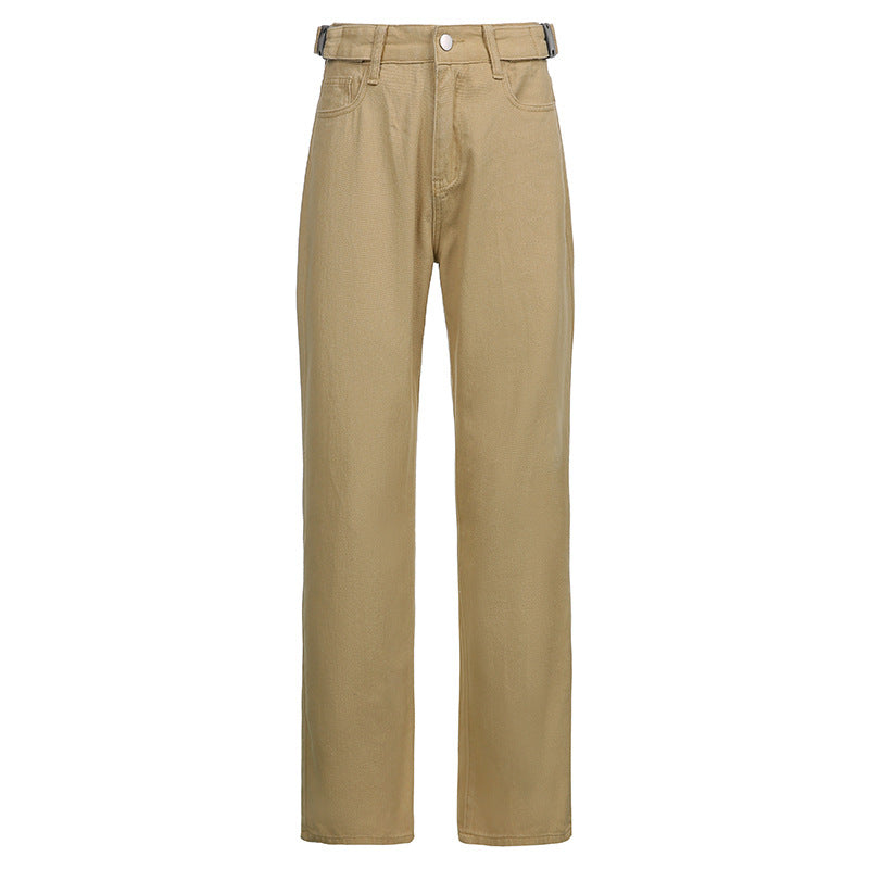 Khaki High-waist Straight-leg Casual Trousers