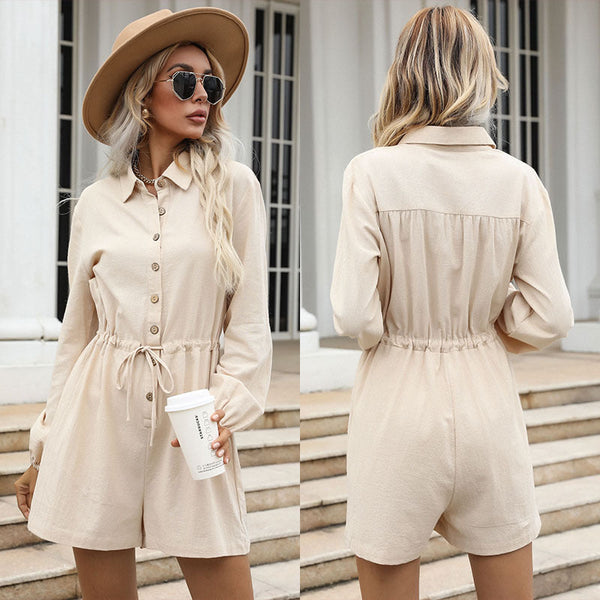Solid Color Shirt Type Wide-Leg Shorts Jumpsuit