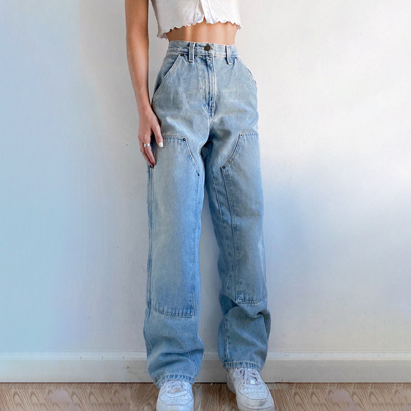 Blue Mom Jeans 90s Casual Loose Wide Leg Cargo Pants