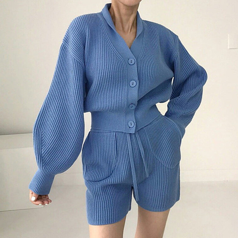 V-neck Knitted Cardigan High Waist Casual Shorts Suit