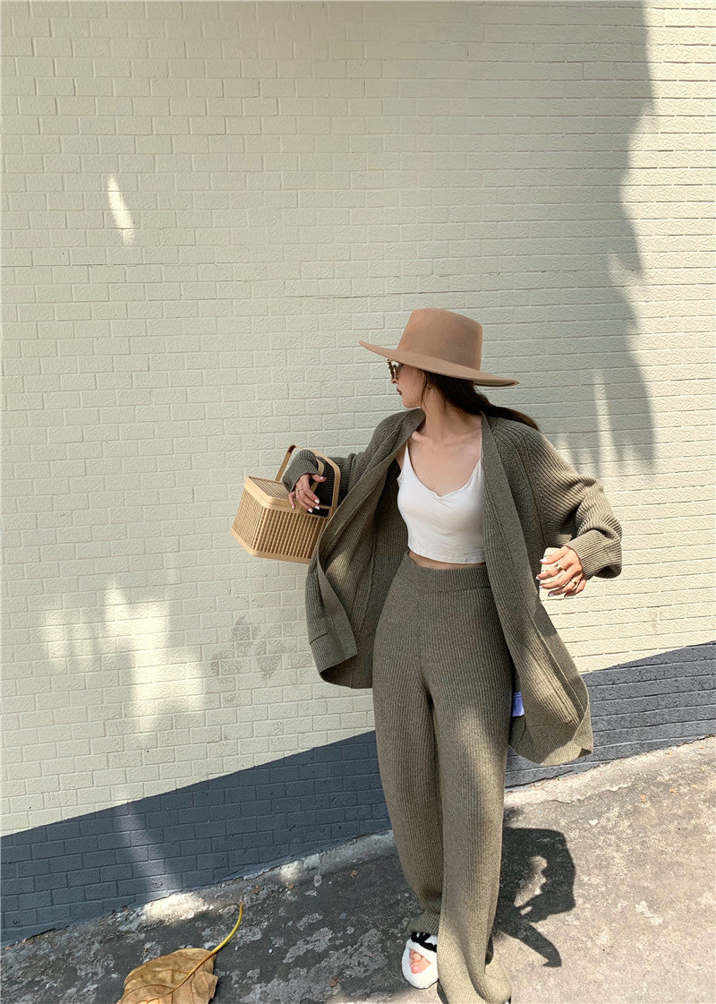 Knit Sweater & Straight Wide Leg Trousers Two peices