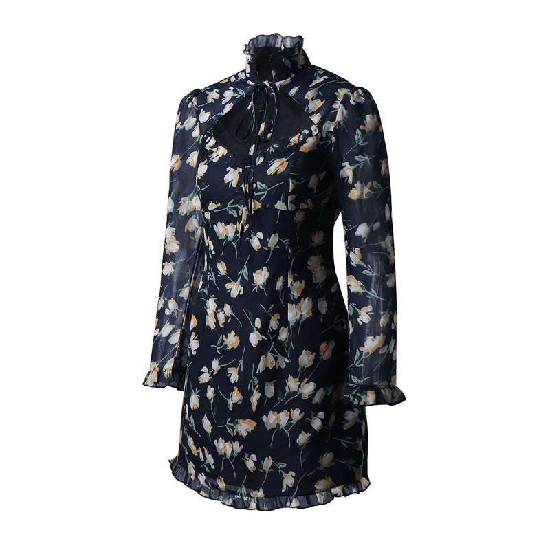 Floral Wood Ear High-Neck Tie Low-Cut Dress