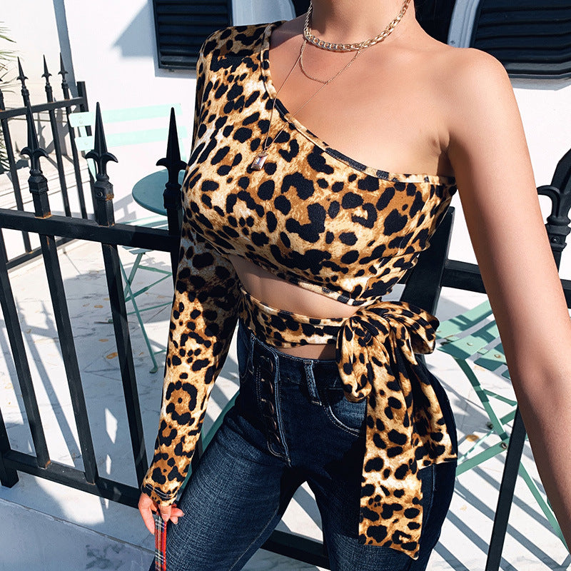 Leopard Print Long-sleeved Navel Back Top