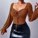 Sweet Drawstring Cutout Flared Sleeve Top