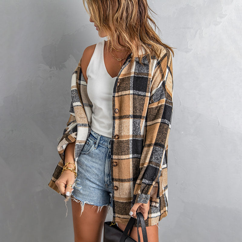 Long-sleeved Lapel Button-breasted Plaid Shirt Jacket