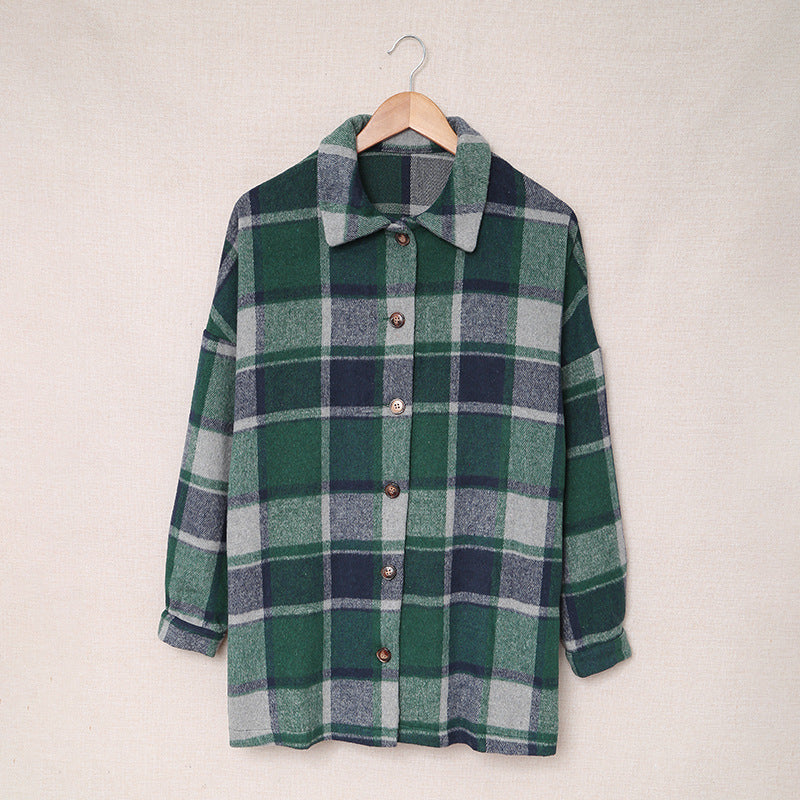Long-sleeved Lapel Button-breasted Plaid Shirt Jacket