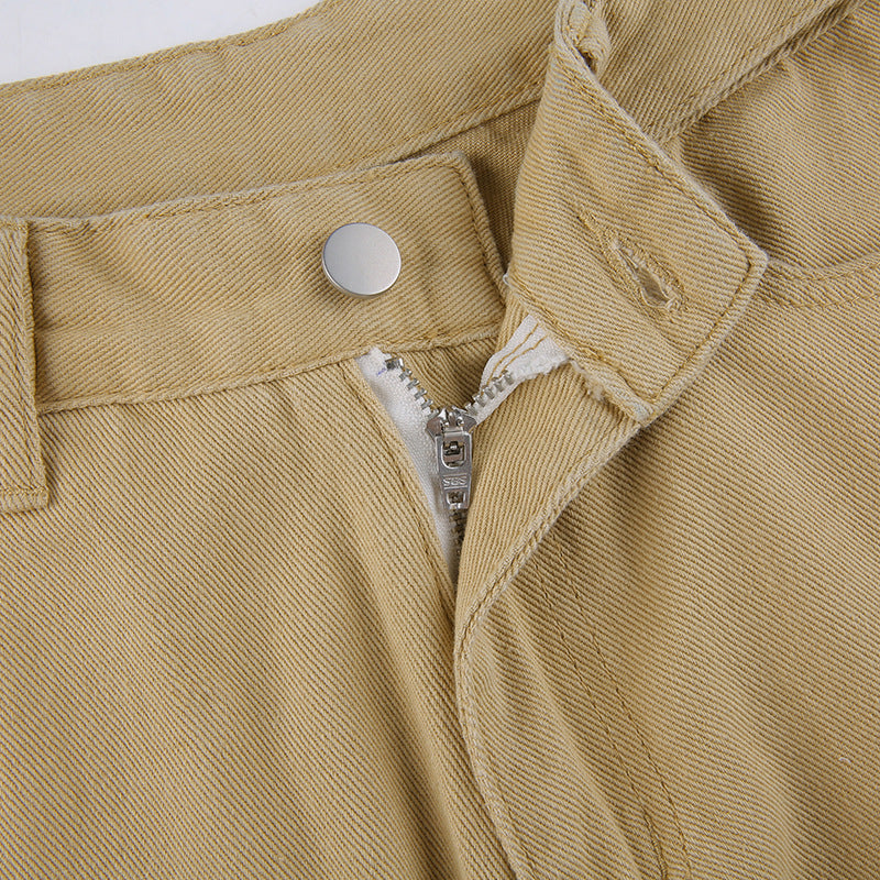 Khaki High-waist Straight-leg Casual Trousers