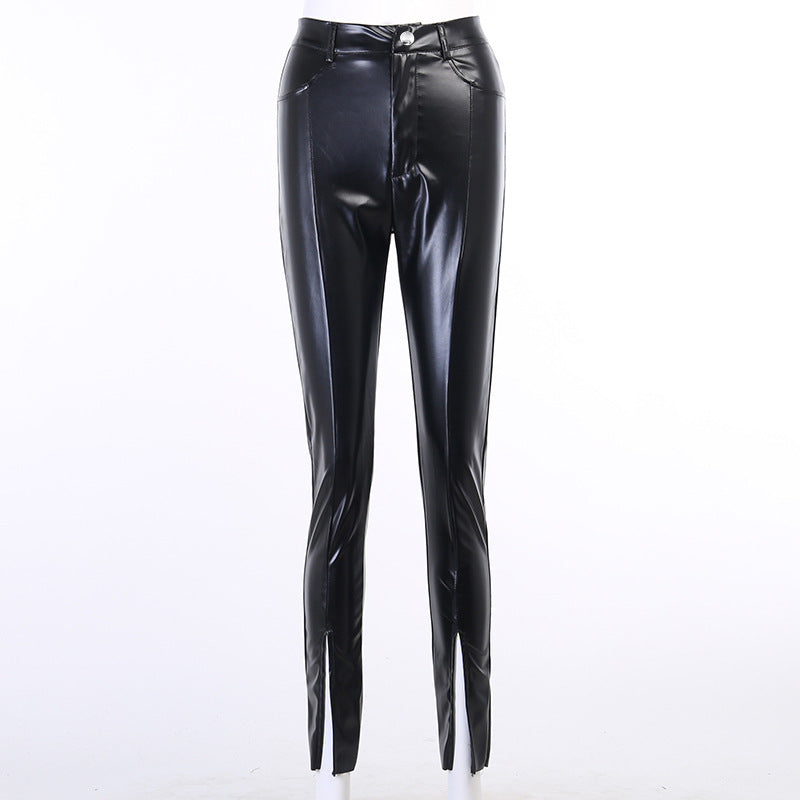 PU leather skinny casual mid-waist leather trousers