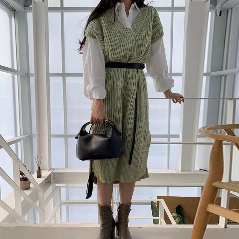 Long Seeve Shirt Split Knit Vest Dress Suit