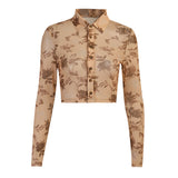 Printed Sexy See-through Long-sleeved Top Shirt