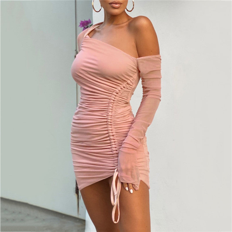 Fashionable Mesh Pleated Off-shoulder Dress