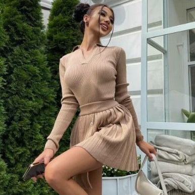Long-sleeved Top Pleated Skirt Fashion Casual Knit