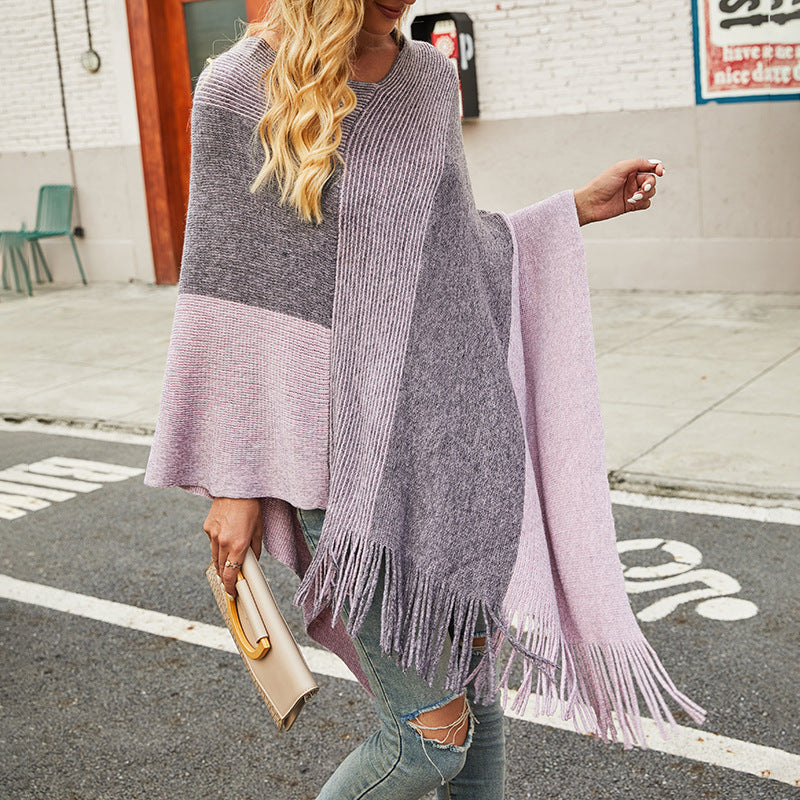 Contrasting Color Cloak Shawl Sweater Coat