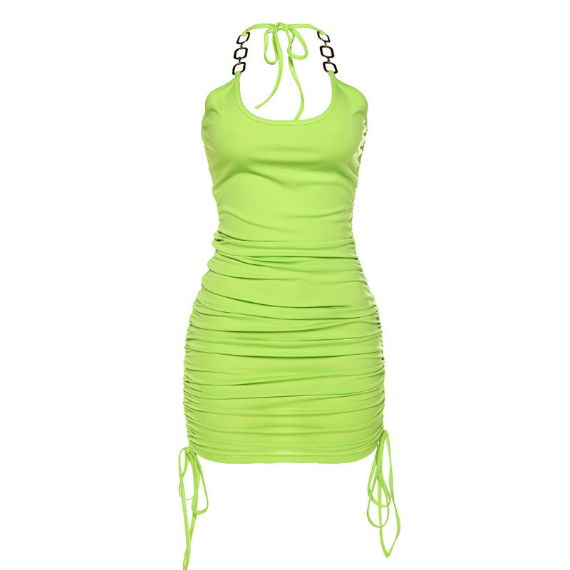 Drawstring halter slim sexy hip dress