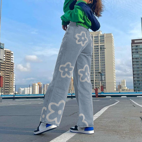 Fashion Street Graffiti Straight Leg High Waist Jeans