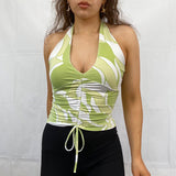 Smocked Abstract Print Cropped Sleeveless Open-back Tank Top