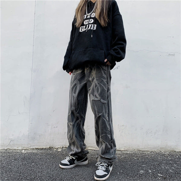 High Waist Straight Wide Leg Printed Jeans