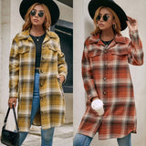 Single-breasted Plaid Shirt Lapel Mid-length
