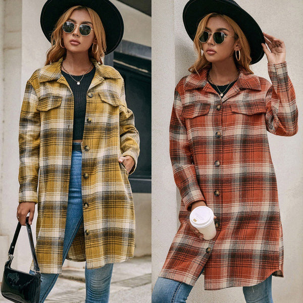 Single-breasted Plaid Shirt Lapel Mid-length
