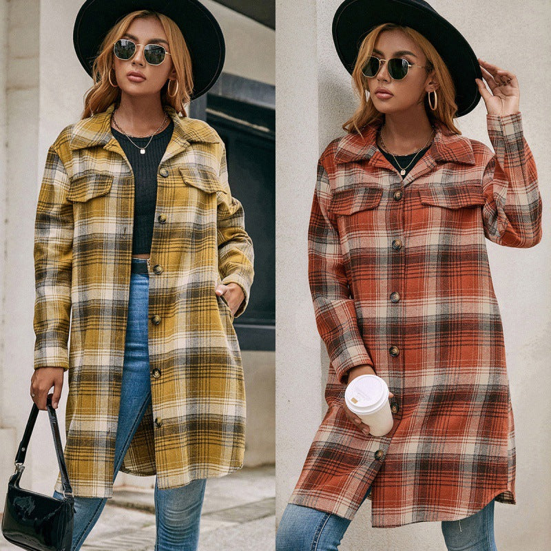 Single-breasted Plaid Shirt Lapel Mid-length