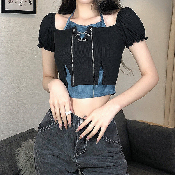 Bubble Ruffle Chain Tie Dye Halter Crop Short Sleeve T-Shirt