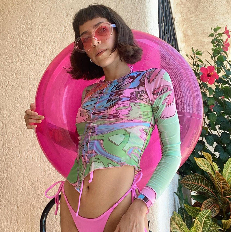 Round Collar Printed Pullover Long Sleeve Shirt