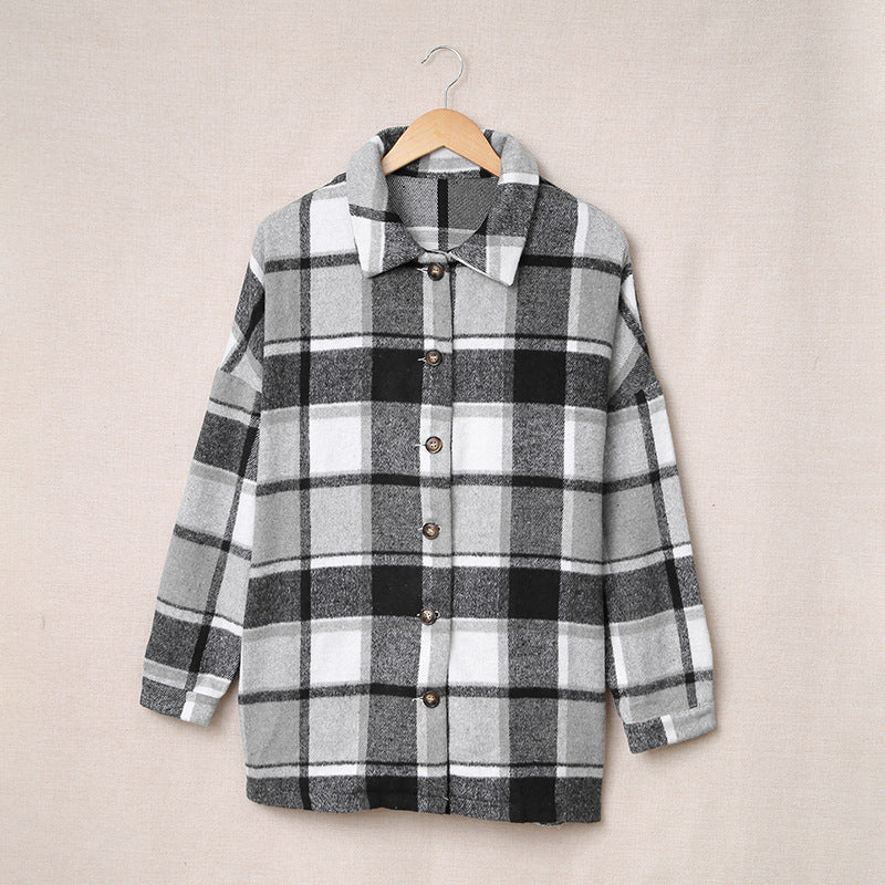 Long-sleeved Lapel Button-breasted Plaid Shirt Jacket