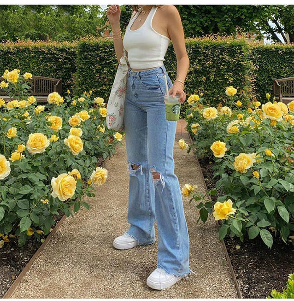 High Waist Wide Leg Ripped Jeans