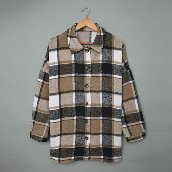 Long-sleeved Lapel Button-breasted Plaid Shirt Jacket