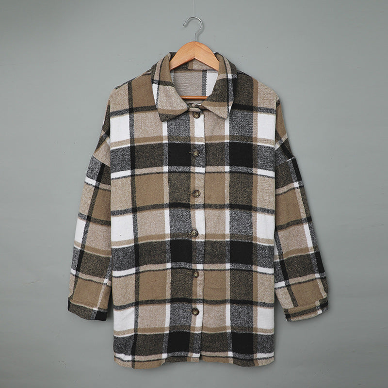 Long-sleeved Lapel Button-breasted Plaid Shirt Jacket