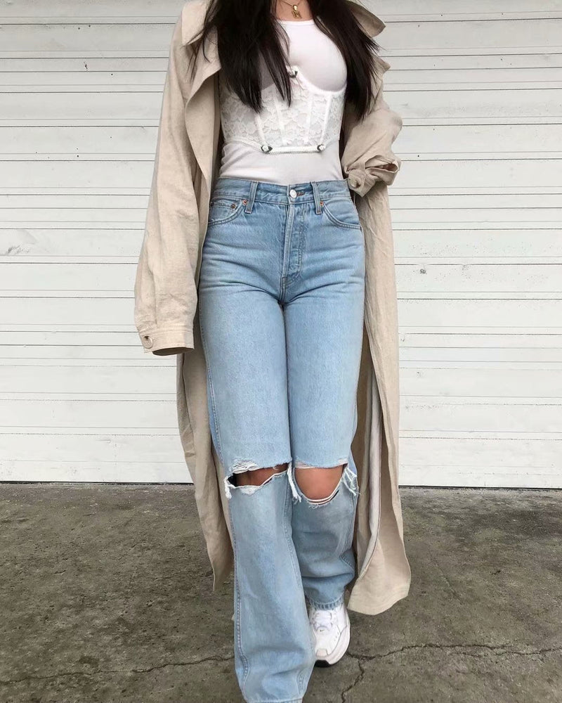 Double-knee Holes Mopping Jeans