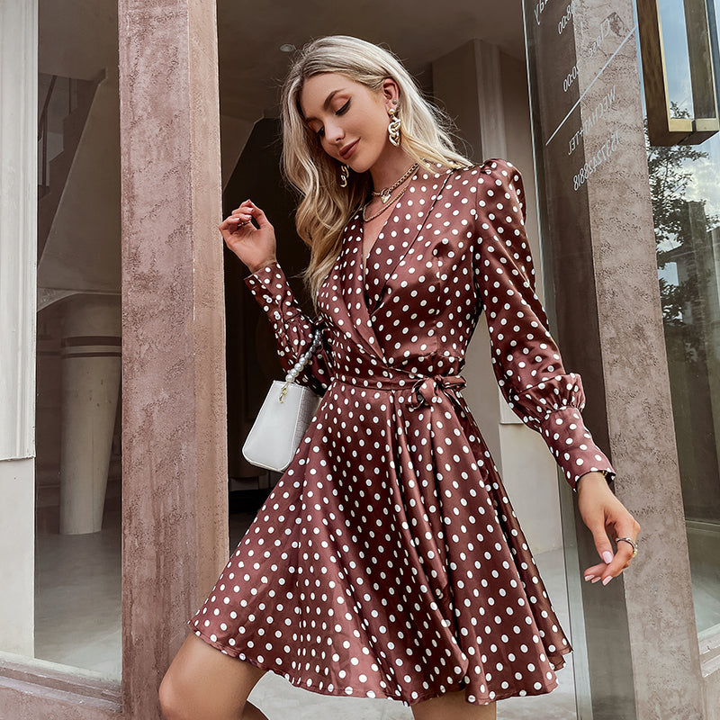 V-Neck Design Polka-Dot Dress